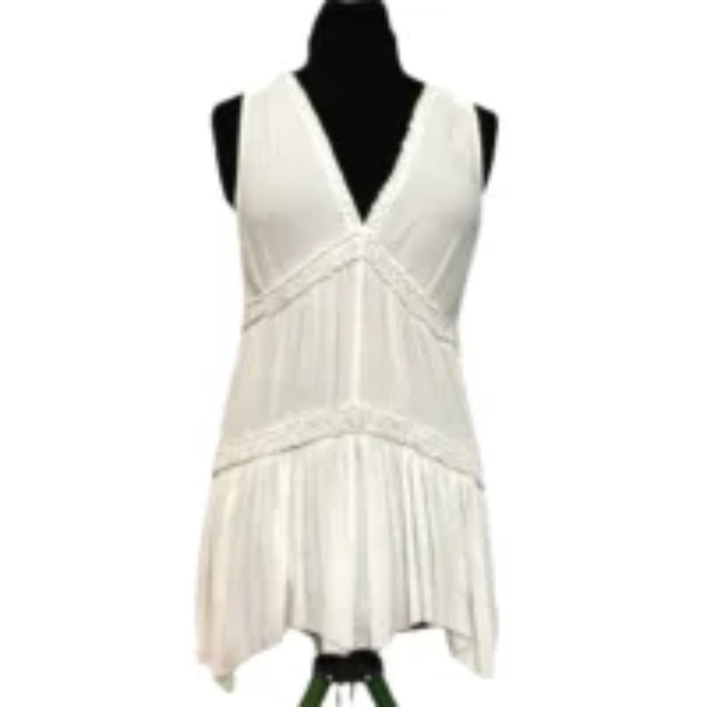 Free People Boho V-Neck Tunic Mini Dress. White. Medium.